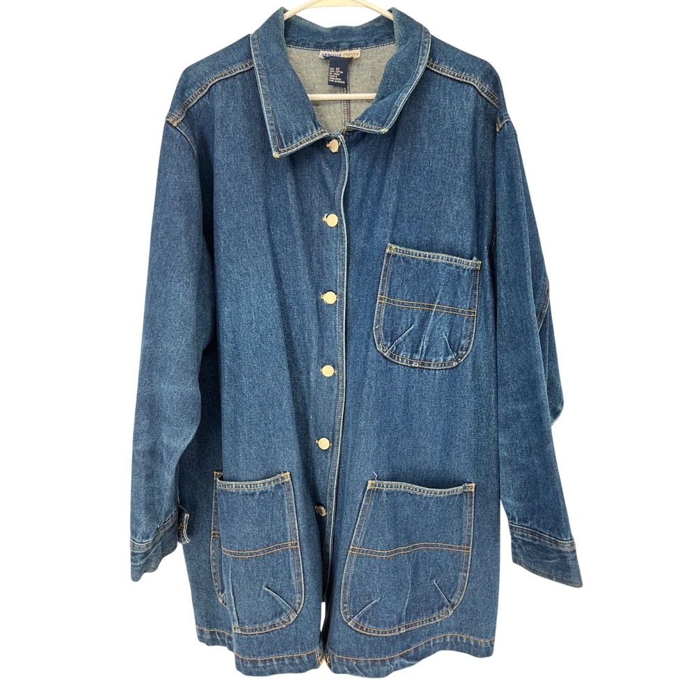 Vintage 90s Denim Chore Jacket Women 22 Blue Button Front Adriana Sport Pockets
